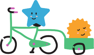illustration d'une étoile bleue faisant du vélo tirant un soleil souriant dans une charette